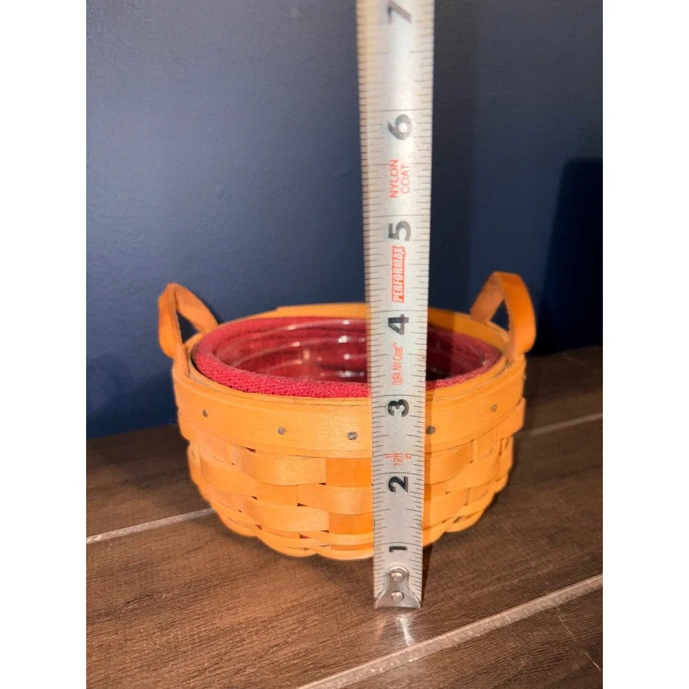 Longaberger 2002 Round Handwoven Basket with Plastic Protector Red Liner Leather
